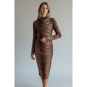 SHEIN Leopard Print Size Large Mock Neck Long Sleeve Bodycon Midi Dress Brown
